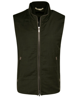 Olive Double Zip Wool Vest with Suede Trim