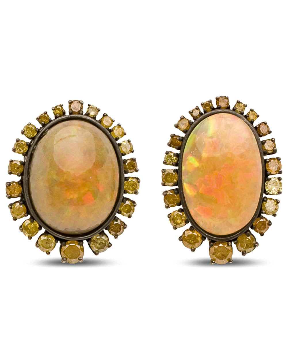 Golden Opal and Diamond Button Earrings