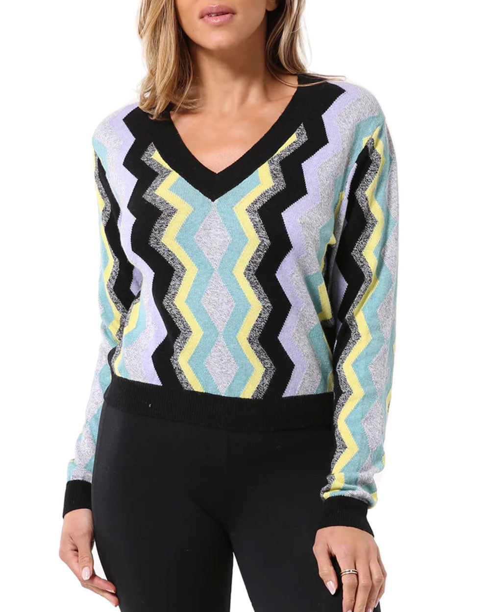 Multicolor Chevron V Neck Cashmere Sweater