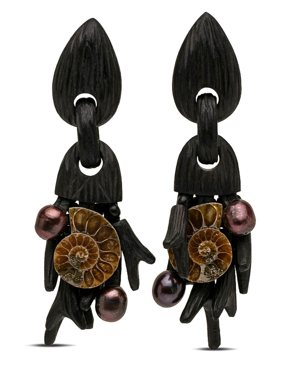 Ebony Ammonite and Pearl Charm Drop Earrings