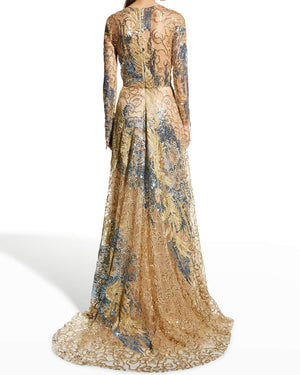 Sequin Lace Long Sleeve Gown in Gold