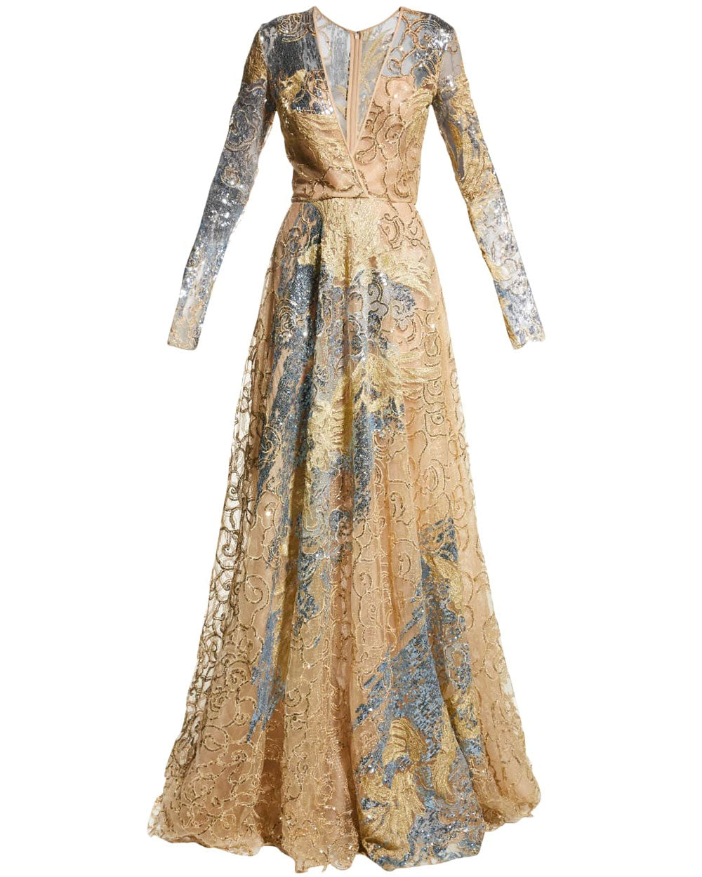 Sequin Lace Long Sleeve Gown in Gold