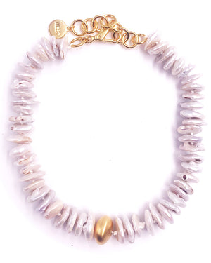 Baroque Pearl and Brushed Gold Beaded Necklace