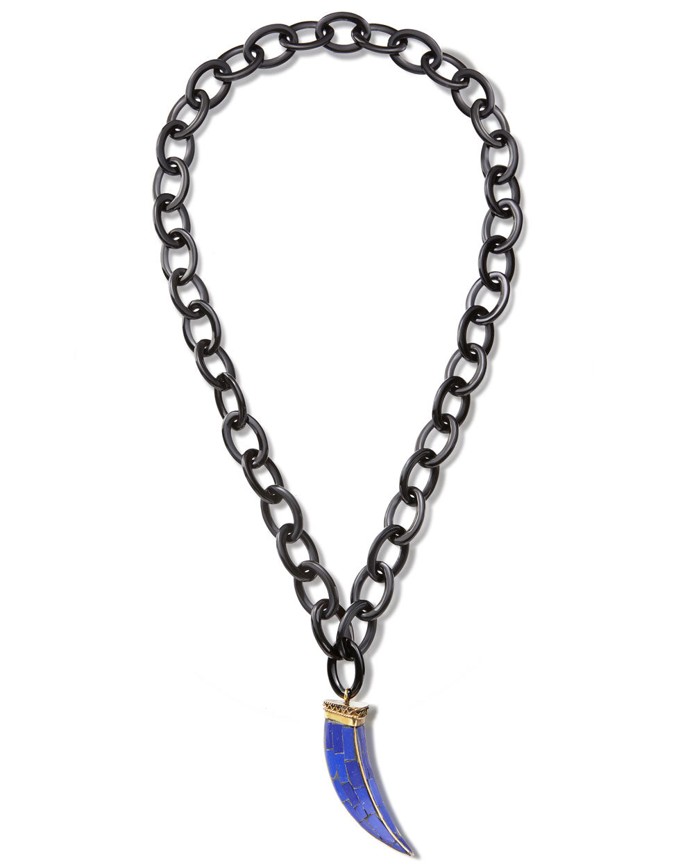 Black Horn Chain with Lapis Tusk Pendant Necklace