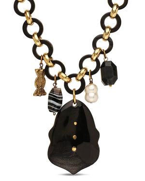 Horn and Gold Chain Link Charms Statement Necklace