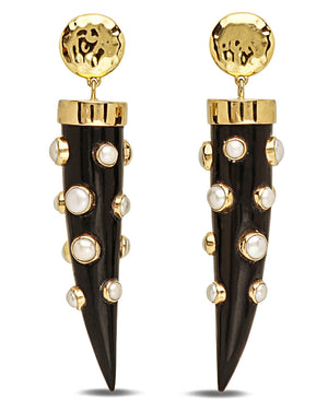 Pearl Studded Black Horn Tusk Drop Earrings