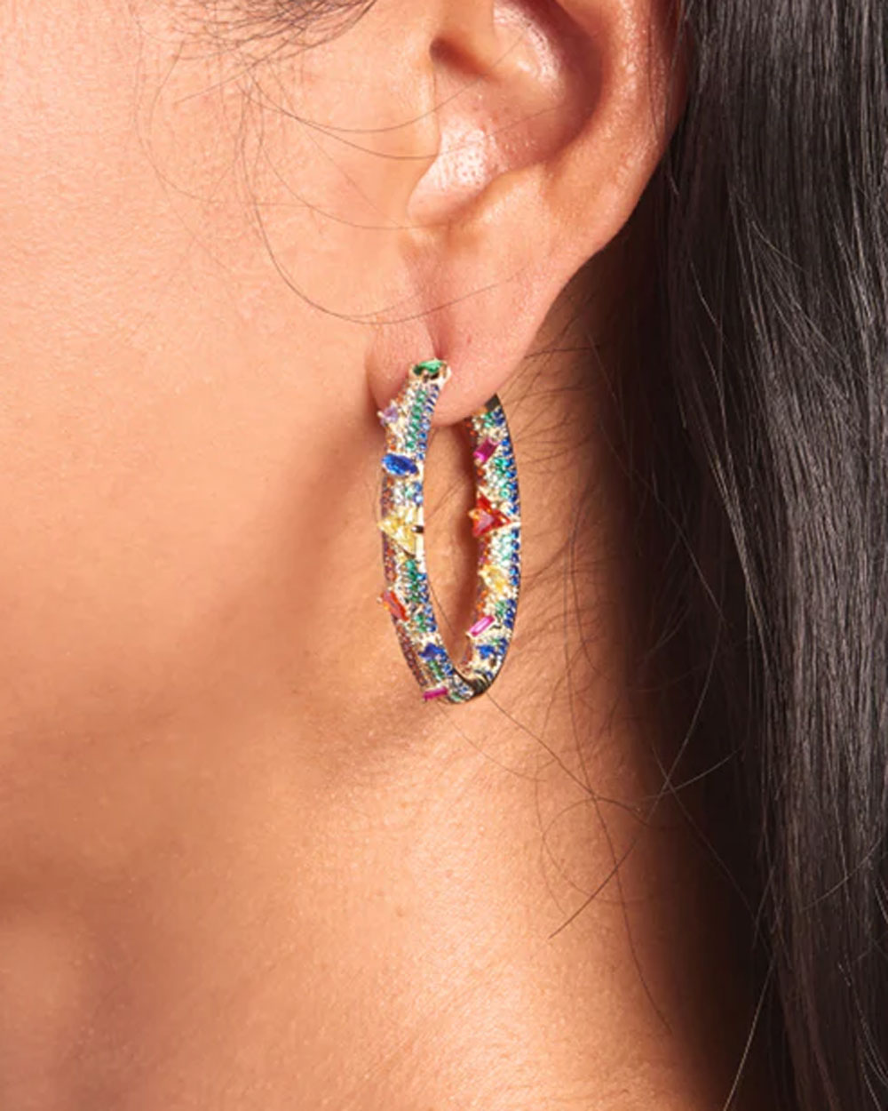 14k Gold Vermeil Electric Multicolor Crystal Hoop Earrings