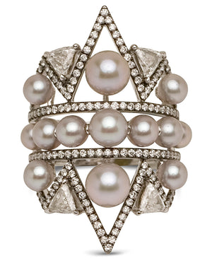 White Gold Diamond and Silver Pearl Pointed Ring