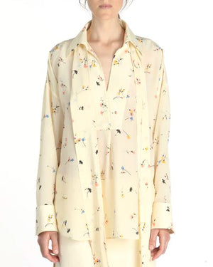 Cream and Multicolor Floral Print Tie Blouse