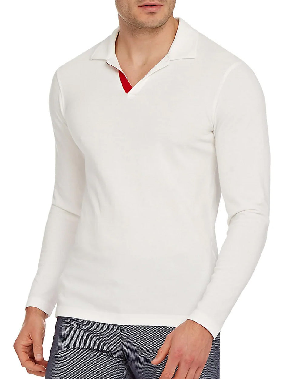 Contrast Tape Resort Collar Long-Sleeve Polo Shirt in Cloud