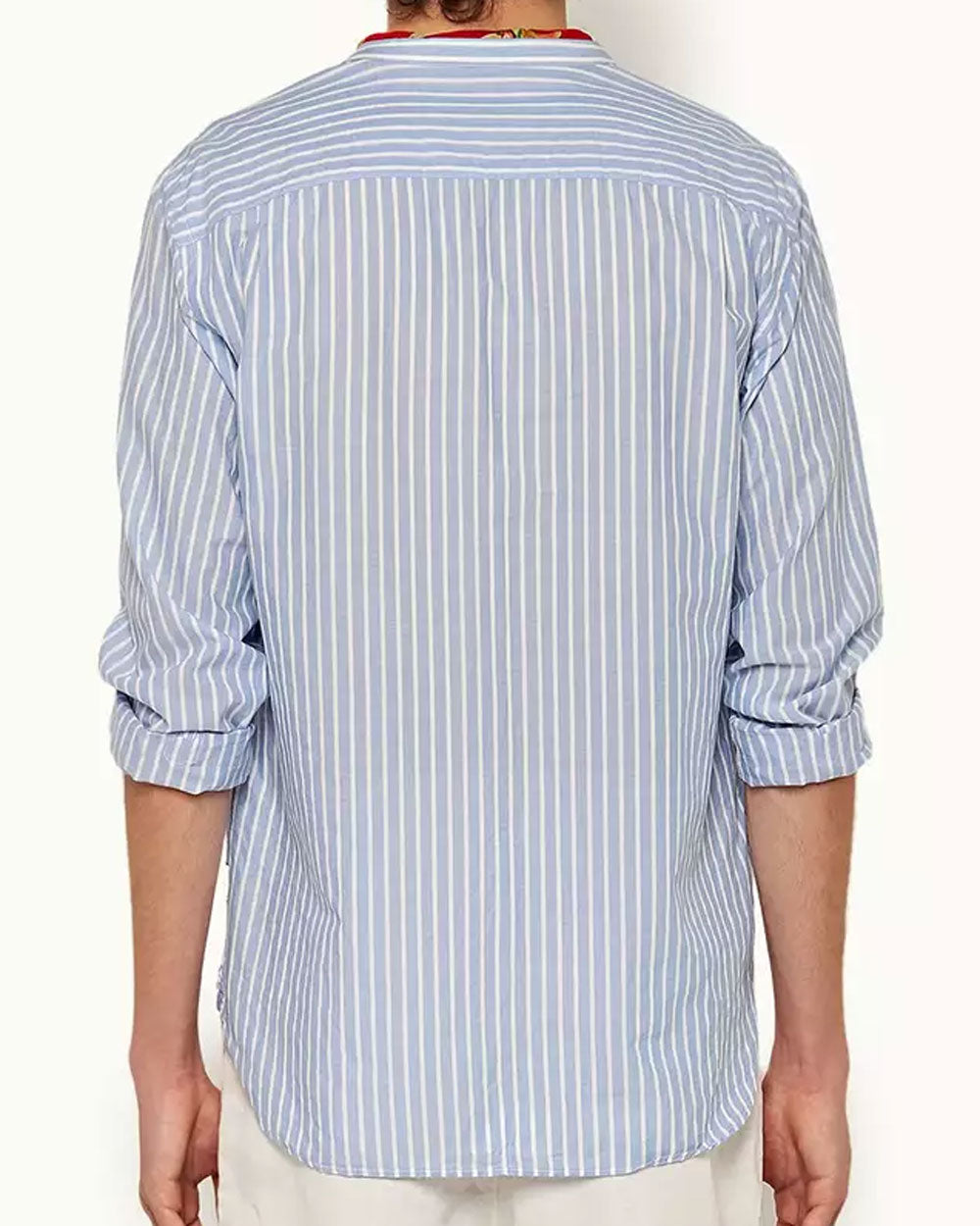 Ice Blue and White Grandad Collar Classic Stripe Shirt