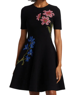 Black Cross Stitch Floral Embroidered Pointelle Dress