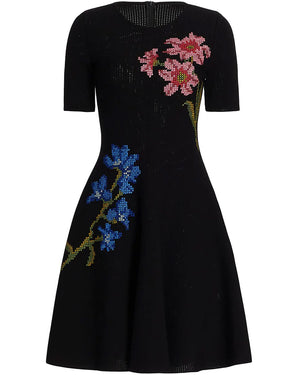 Black Cross Stitch Floral Embroidered Pointelle Dress