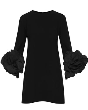 Black Floral Applique Three Quarter Sleeve Shift Dress