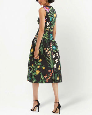 Black Floral Tapestry Sleeveless Faille Dress