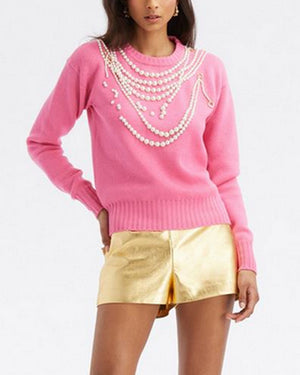 French Pink Pearl Embroidered Sweater