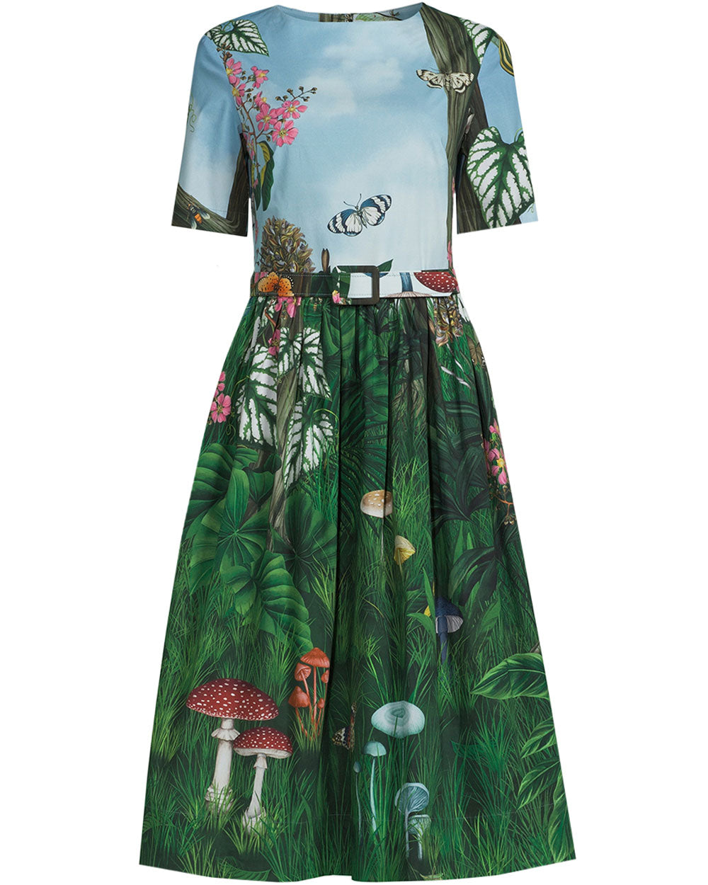 Green Multi Botanical Short Sleeve Midi Dress