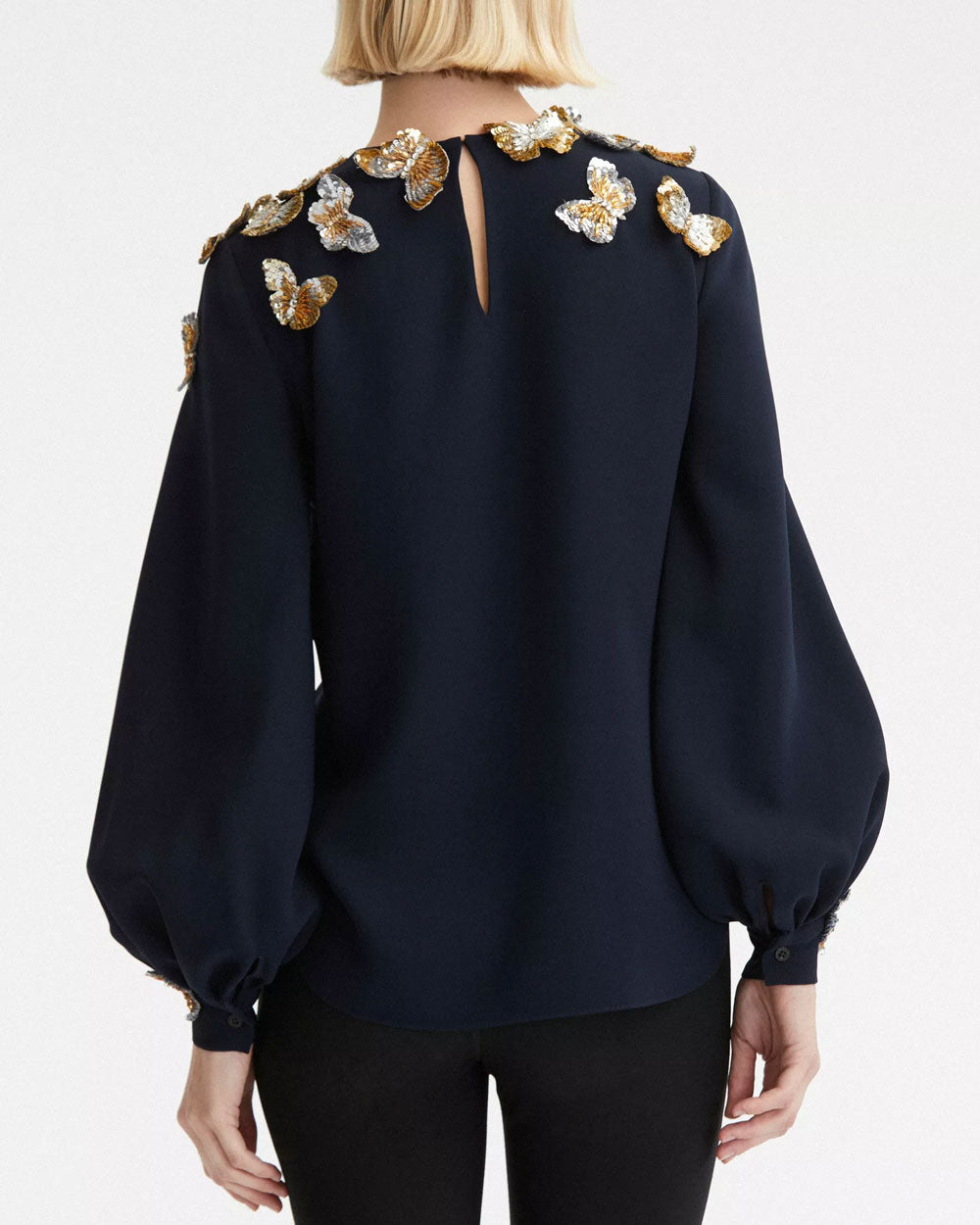 Navy and Gold Butterfly Sequin Embroidered Blouse