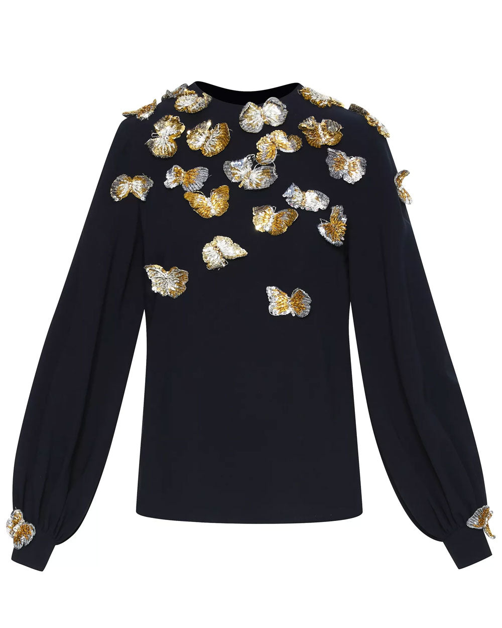 Navy and Gold Butterfly Sequin Embroidered Blouse