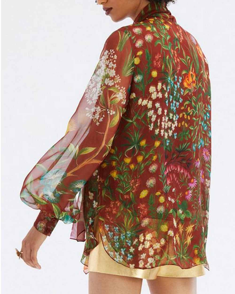 Rust Floral Tapestry Tie Neck Blouse
