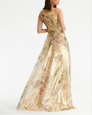 Ivory Floral Sleeveless Draped Lame Gown