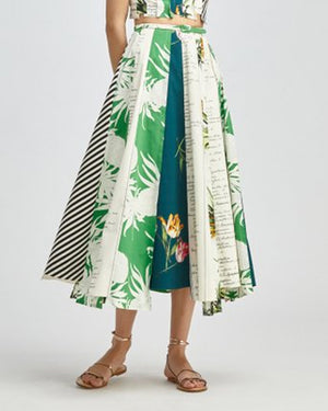 Kelly Green and Ivory Printed Paneled Midi Skirt