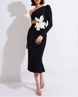 Black Single Shoulder Beaded Floral Midi Dress