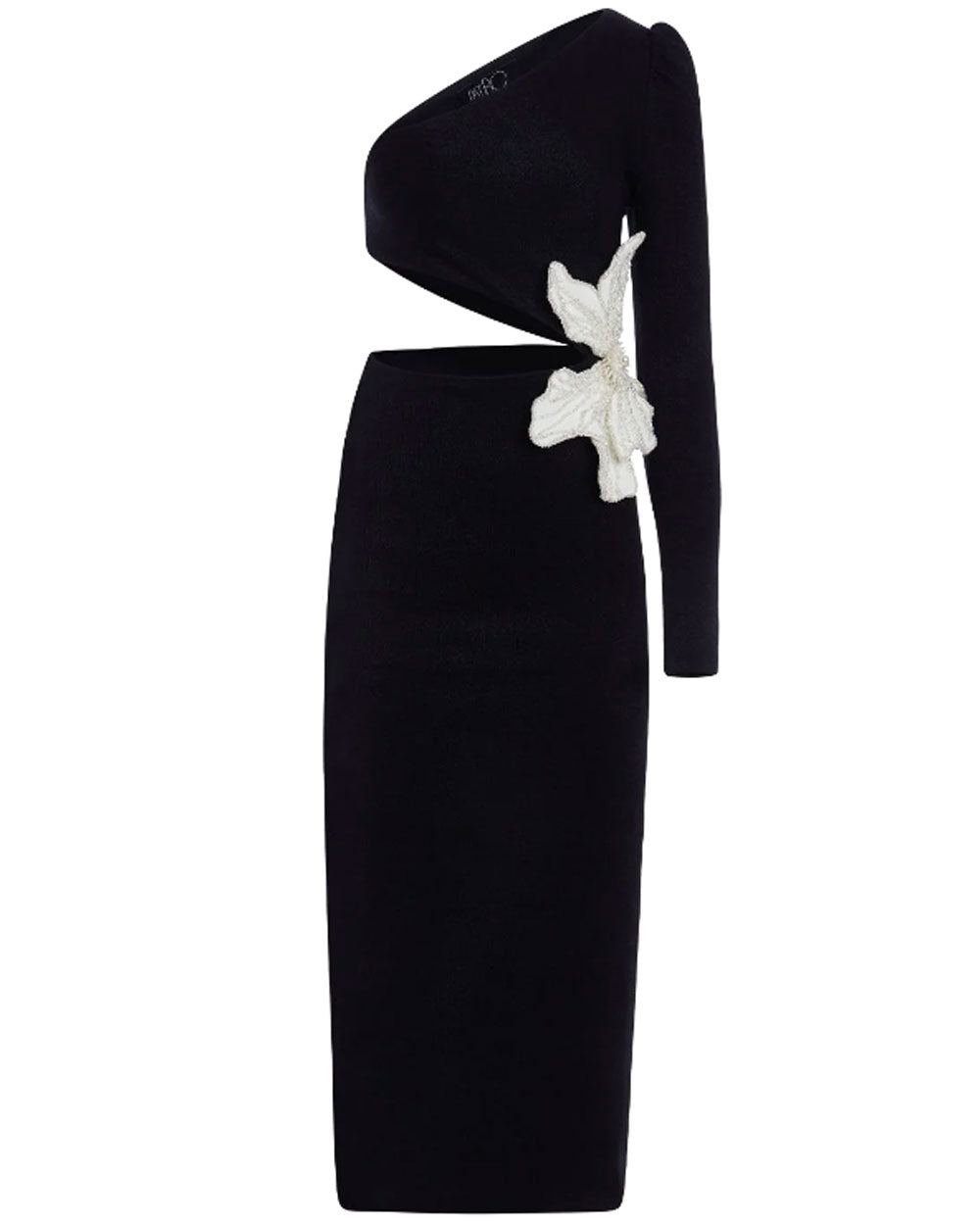 Black Single Shoulder Beaded Floral Midi Dress