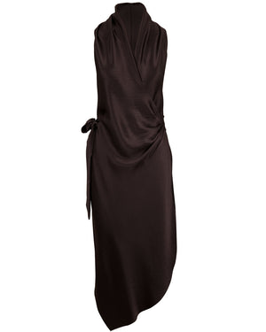Black Satin Victor Wrap Midi Dress