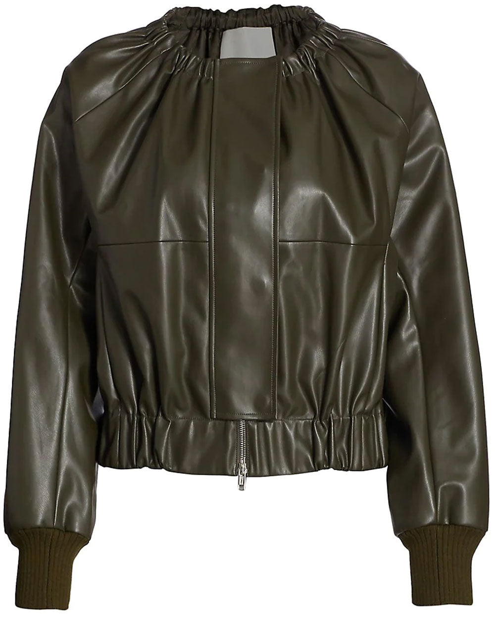 Dark Olive Vegan Leather Ruched Utility Jacket