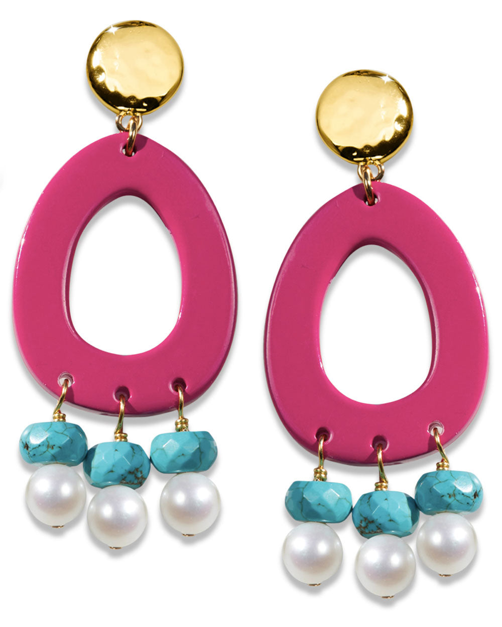 Pink Enamel, Turquoise, and Pearl Statement Earrings