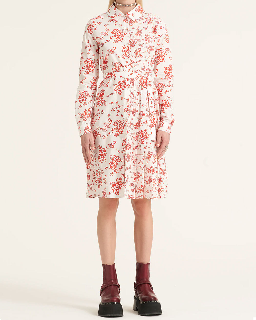 Red and White Garden Rose Print Button Down Dress