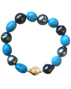 Turquoise and Tahitian Pearl Stretch Bracelet