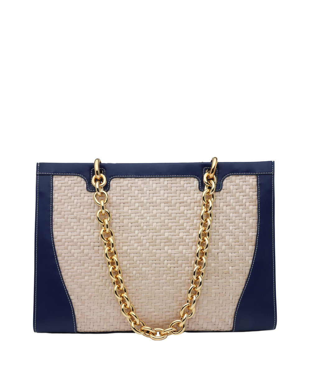 Raffia Large Leather Tote in Navy