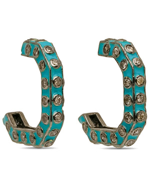 Blue Enamel Diamond Box Hoop Earrings