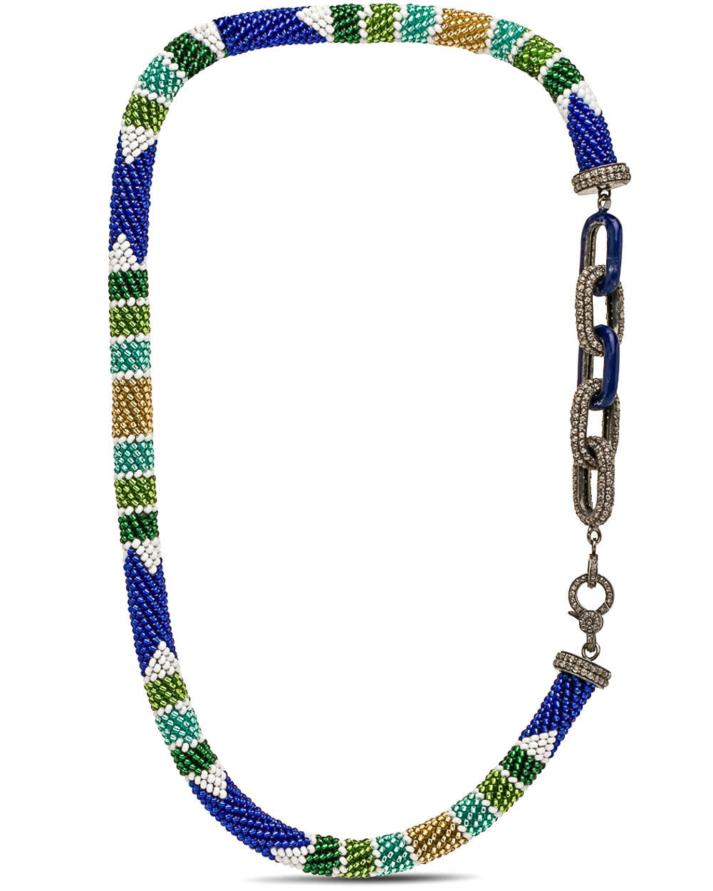 Blue and Green Enamel Bead Diamond Link Necklace