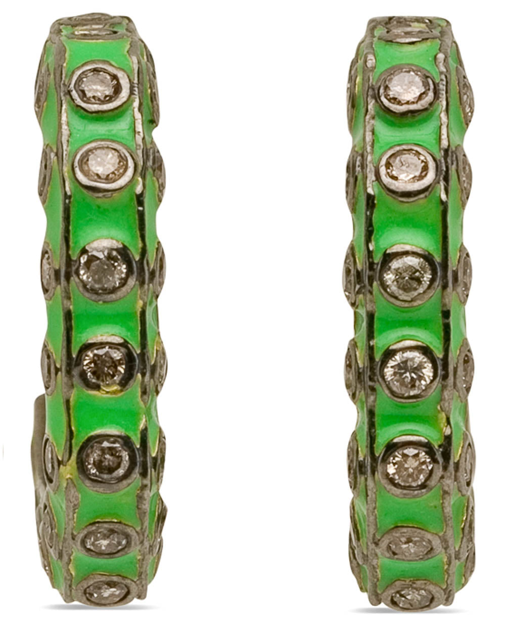 Green Enamel Diamond Box Hoop Earrings