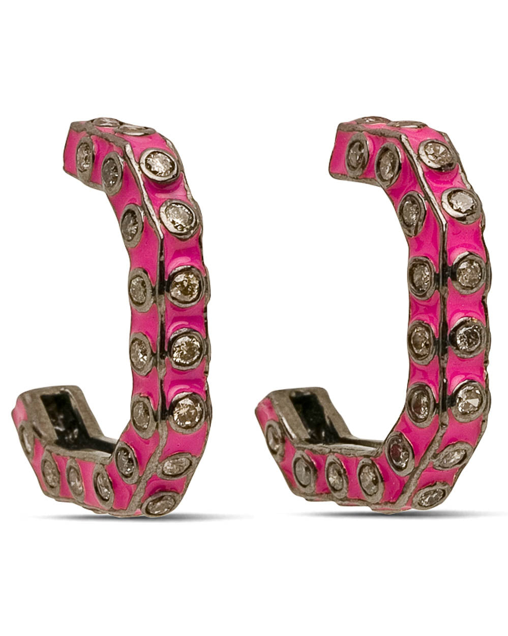 Pink Enamel Diamond Box Hoop Earrings