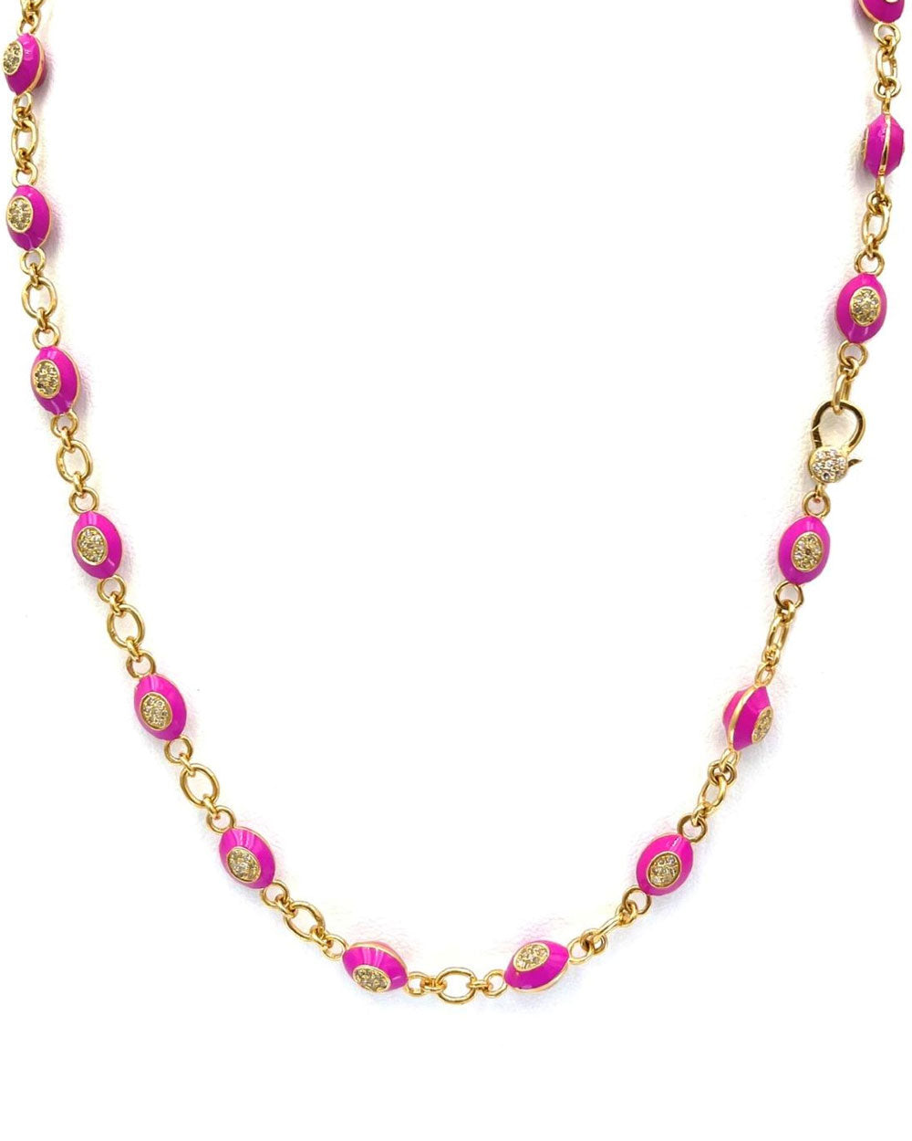 Plated Gold Pink Beaded Link Necklace with Diamonds