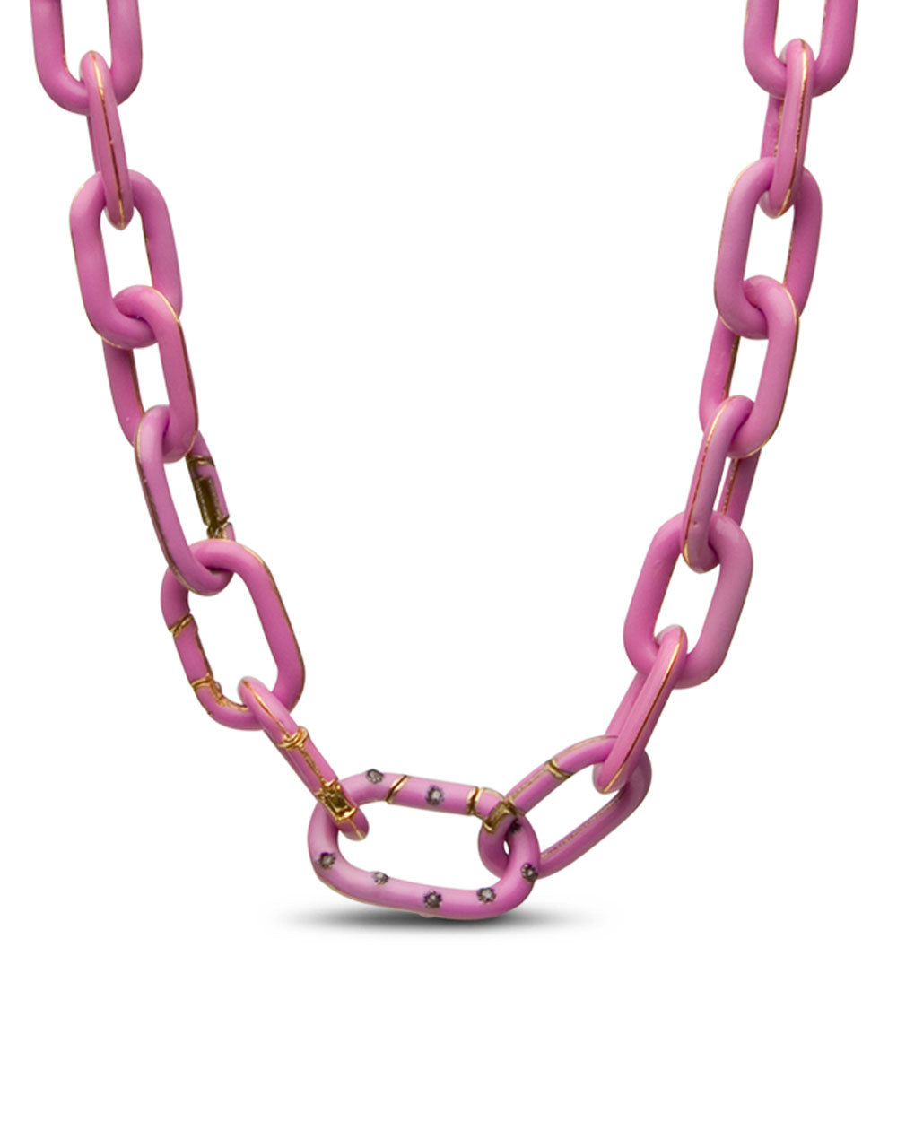 Plated Gold Pink Enamel Link Necklace with Diamonds