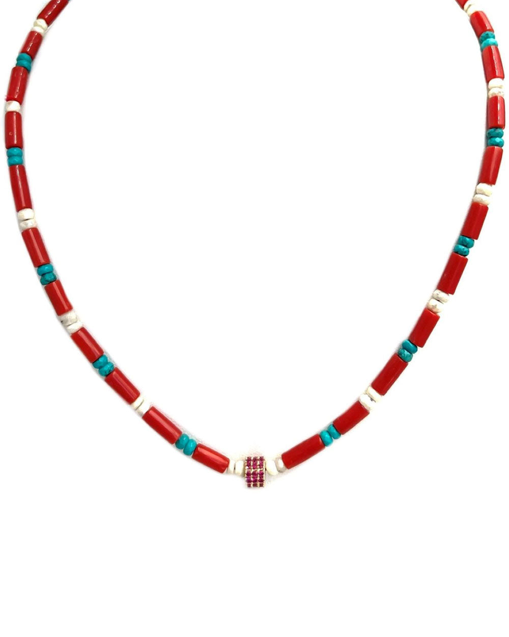 Plated Gold Beaded Strand Necklace with Rubies