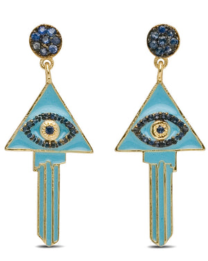 Turquoise Enamel Evil Eye Key Earrings
