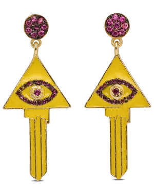 Yellow Enamel Evil Eye Key Earrings