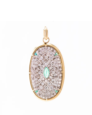 18k Gold Platinum Diamond and Emerald Art Deco Pendant