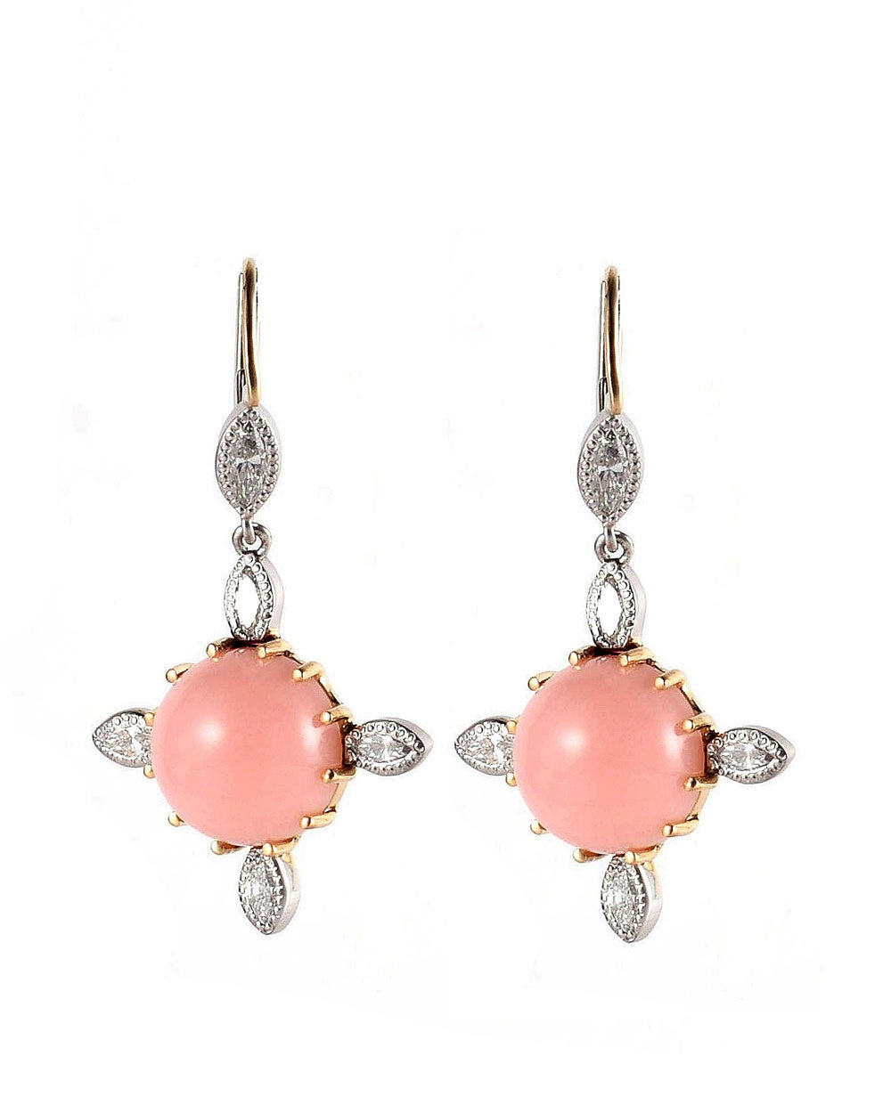18k Gold and Platinum Pink Opal and Marquise Diamond Earrings