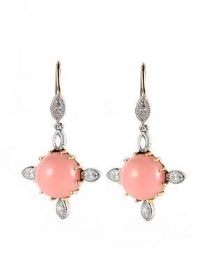 18k Gold and Platinum Pink Opal and Marquise Diamond Earrings