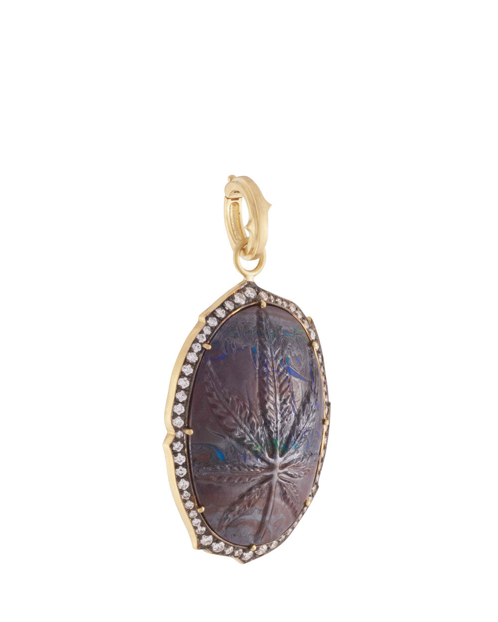 18k Yellow Gold Opal and Diamond Hand Carved Marijuana Leaf Pendant