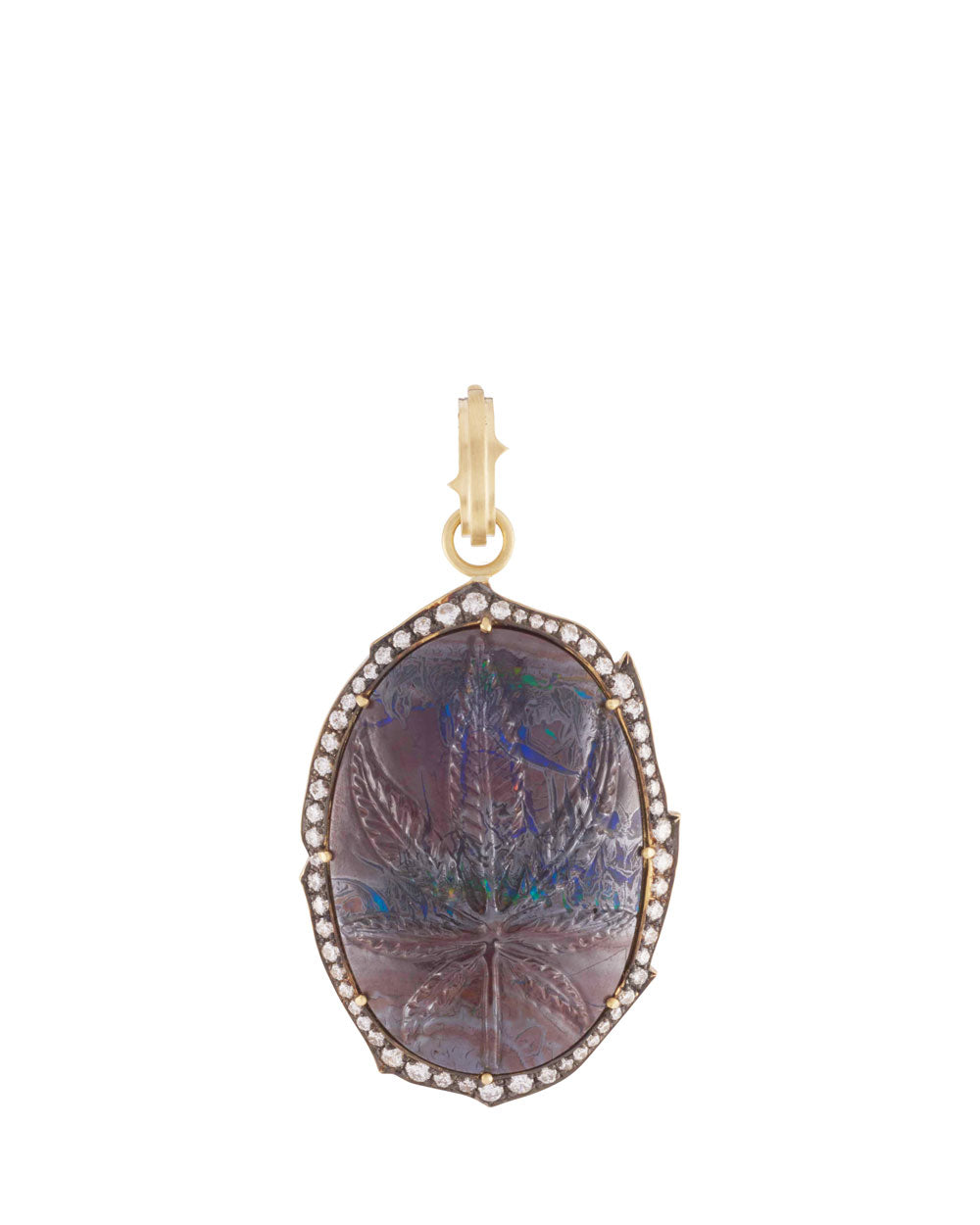 18k Yellow Gold Opal and Diamond Hand Carved Marijuana Leaf Pendant