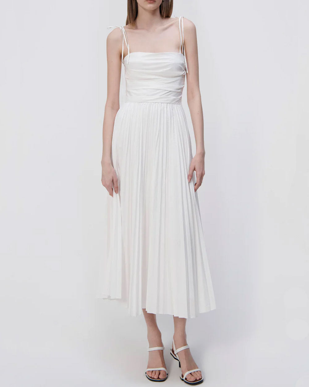 White Cotton Poplin Caroline Pleated Midi Dress