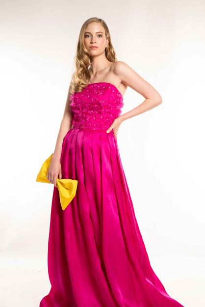 Hot Pink Satin Faced Organza Beaded 3D Floral Gown